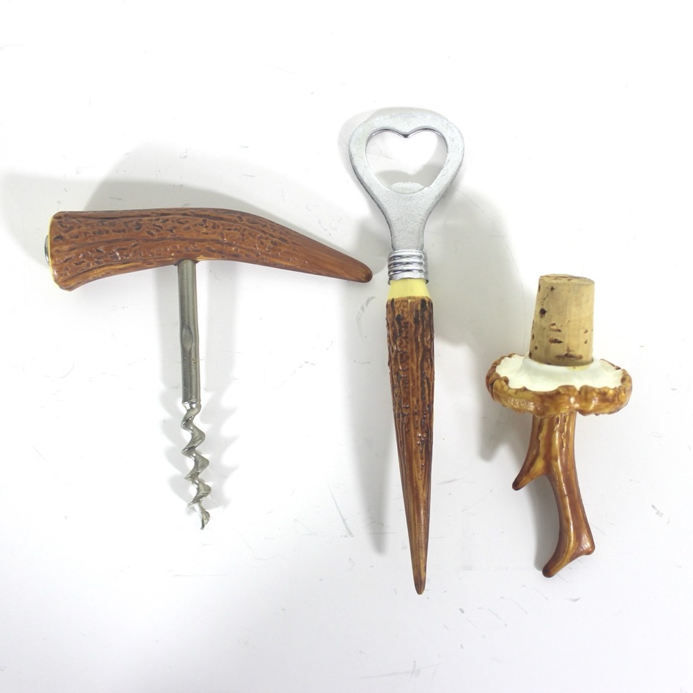 Vintage Faux Antler Bar Tool Set Bar Cart Styling 3 Piece Opener Cork Screw Stop